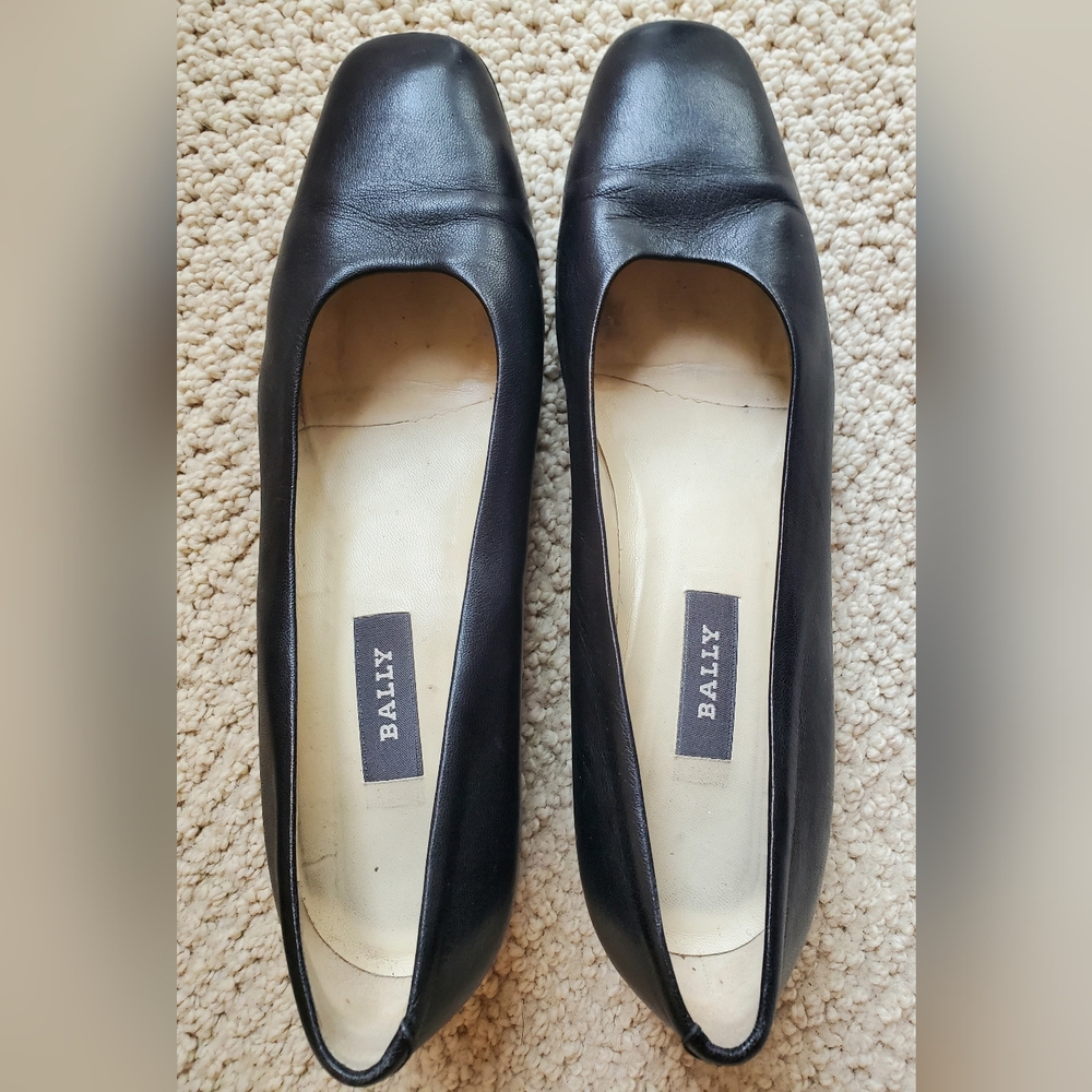Vtg. BALLY Black Leather Block Heel Pumps "Sefezia" Style Flex 11M